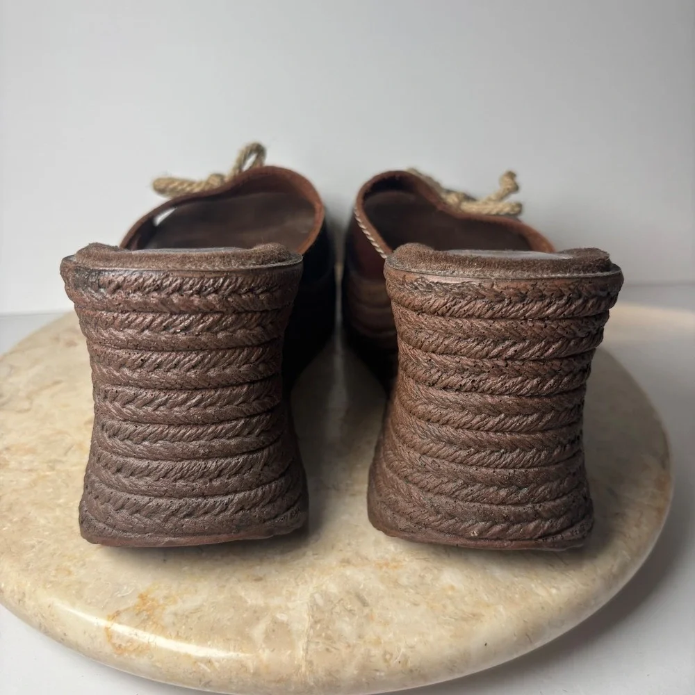 VTG Arizona Jean Co Platform Wedge Sandals 9M Brown Leather Rope Bow Y2K Bratz